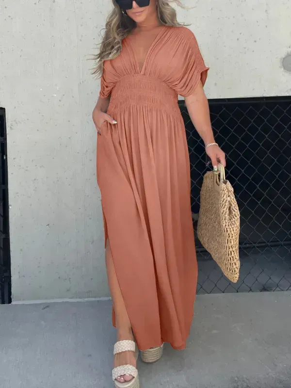 🔥🔥🔥🔥(BIG SALES)👗SLIT V-NECK EFFORTLESS MAXI LONG DRESS