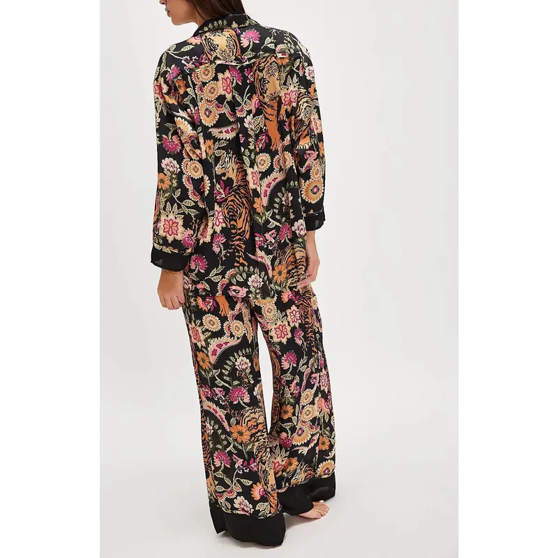 Women’s Loungewear Sleepwear Set Printed Long Sleeve Lapel Button Top & Long Pants
