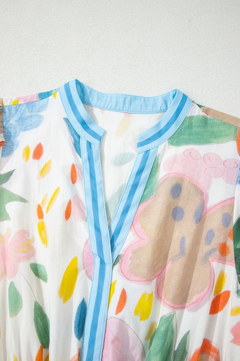 Women's Watercolor Floral Elastic Waist Midi Dress