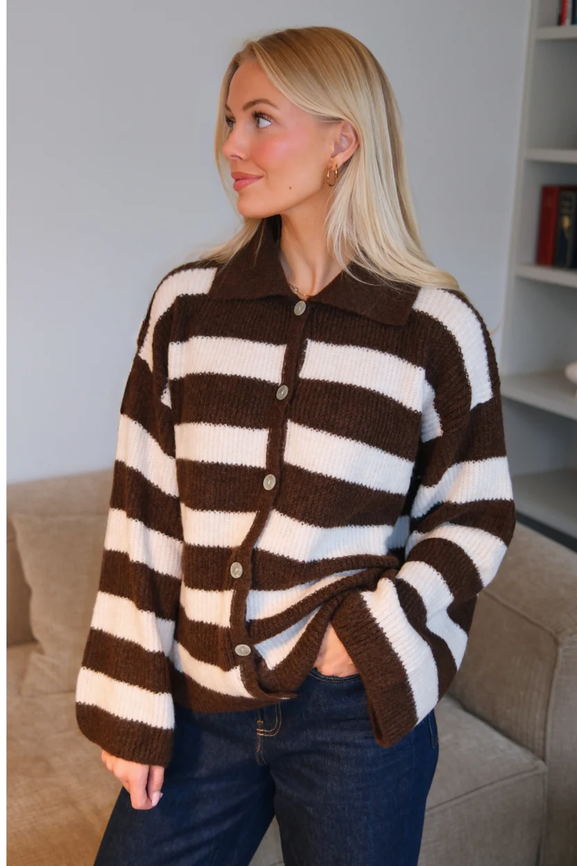 Casual Striped Long Sleeve Button Up Knit Sweater