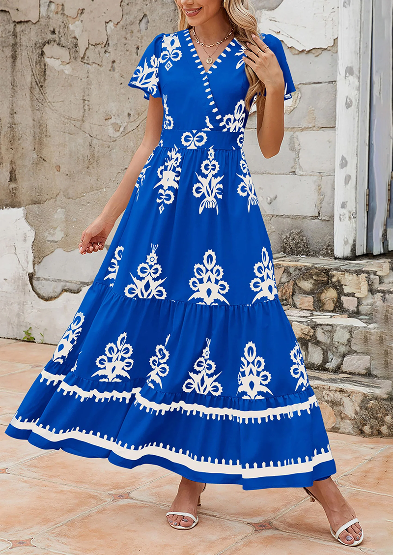 Womens Casual V Neck Boho Maxi Dress Flowy Aline Bell Sleeve Tiered Floral Dresses with Pocket(BUY 2 FREE SHIPPING)