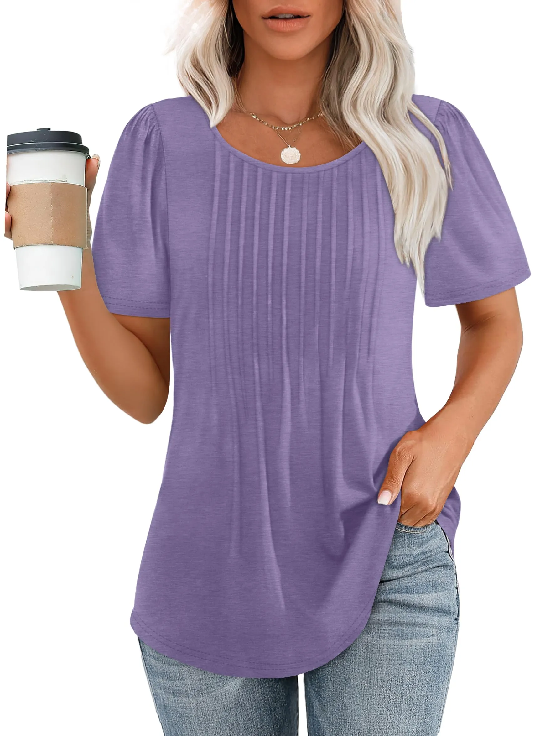 🔥🔥🔥🔥Women's Short Sleeve Pleated Dressy Casual Scooped Neck Tops