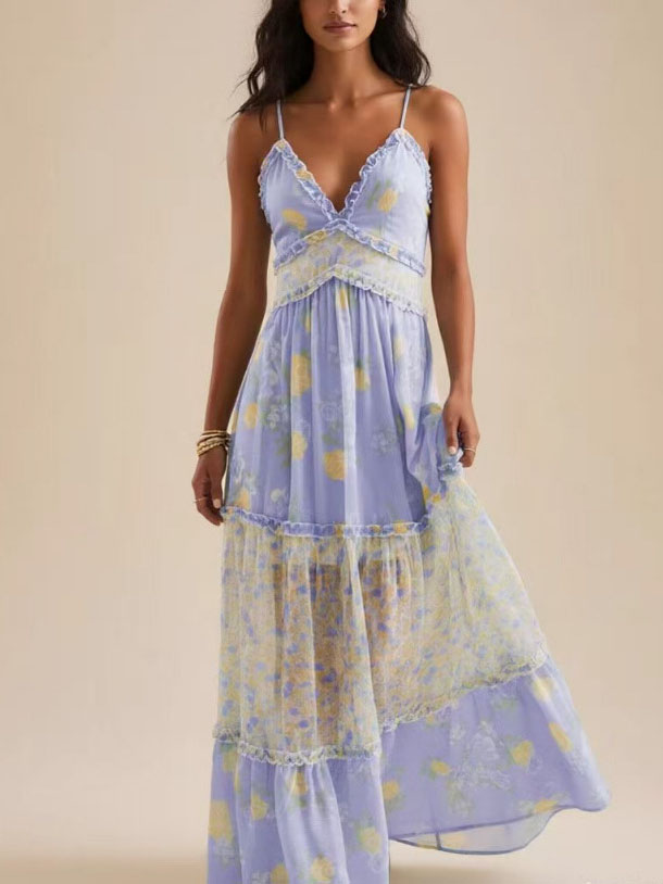 Women's Lace Trim Floral Chiffon Tiered Maxi Dress