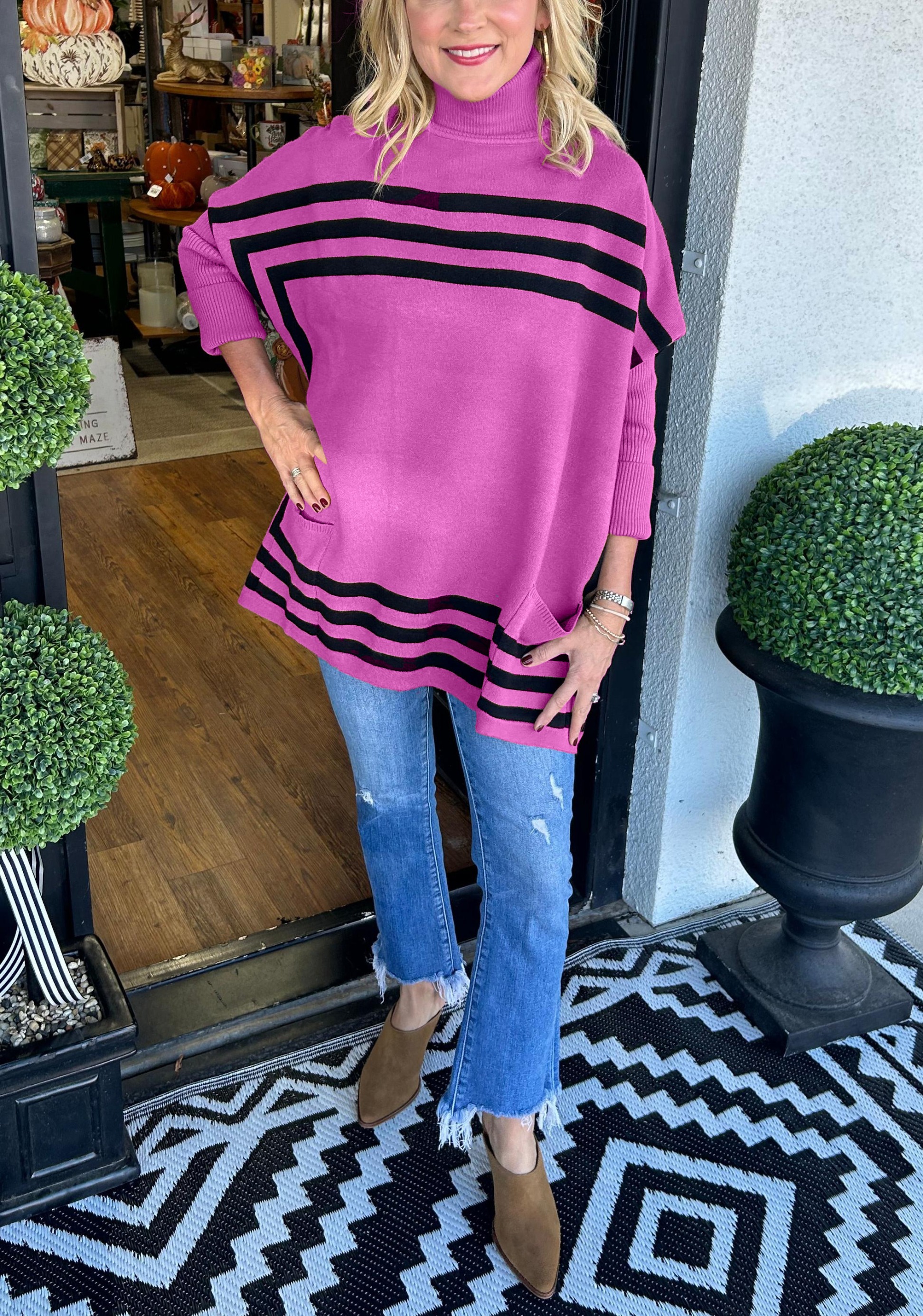 Women's High Neck Bat Sleeve Striped Sweater (Buy 2 Free Shipping)