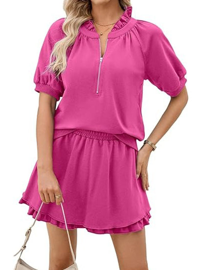 Women Half Zip Up Tops and Ruffled Shorts Lounge Set