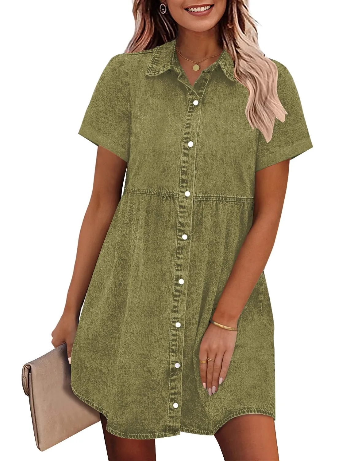 🔥🔥🔥🔥Women's Short Sleeve Button Down Flowy Tiered Babydoll Denim Dress（Buy 2 Free Shipping）