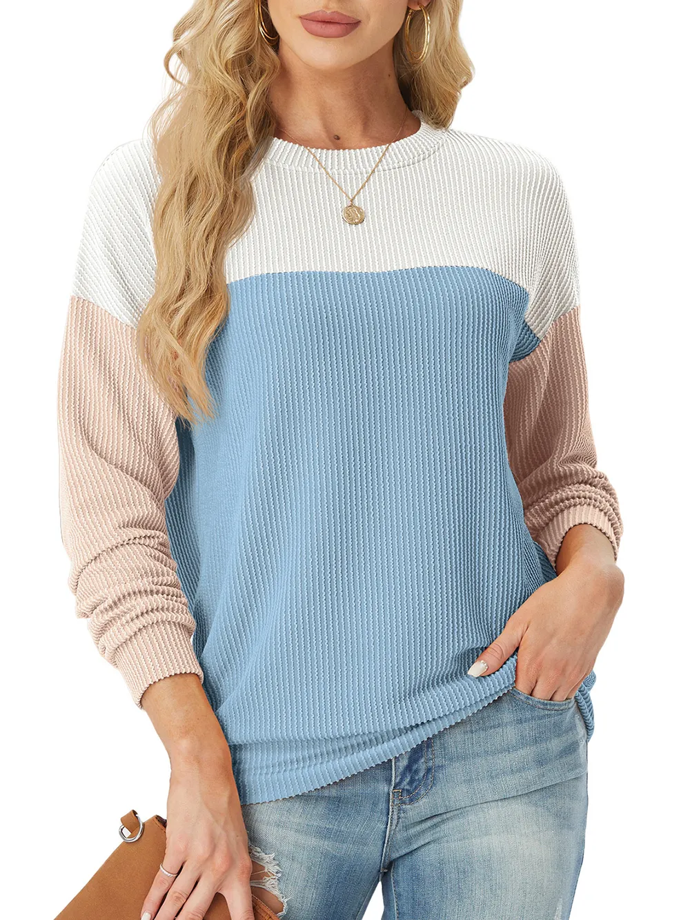 🔥🔥🔥🔥Women's Crewneck Color Block Ribbed Tops