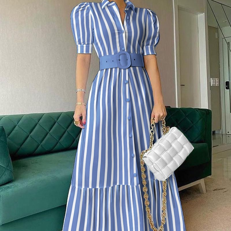 Women's Striped Puff Sleeve Belted Maxi Dress