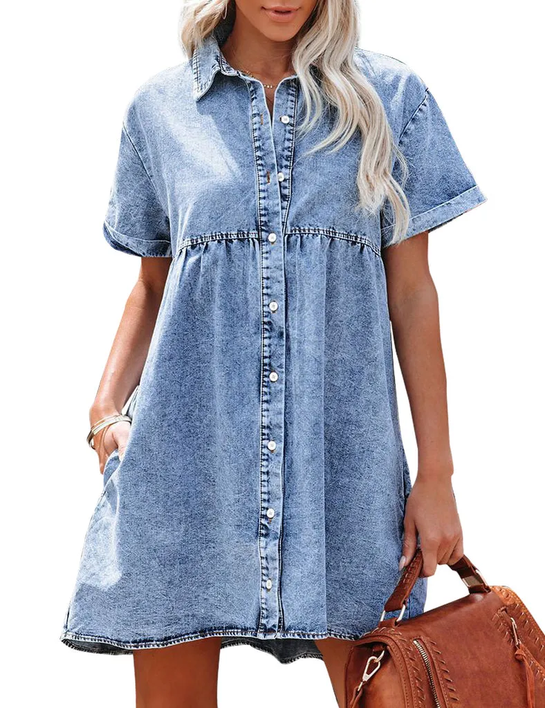 🔥🔥🔥🔥Women's Short Sleeve Button Down Flowy Tiered Babydoll Denim Dress（Buy 2 Free Shipping）