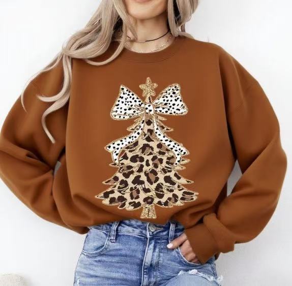 Leopard Print Christmas Tree Dalmatian Bow Crewneck Sweatshirt