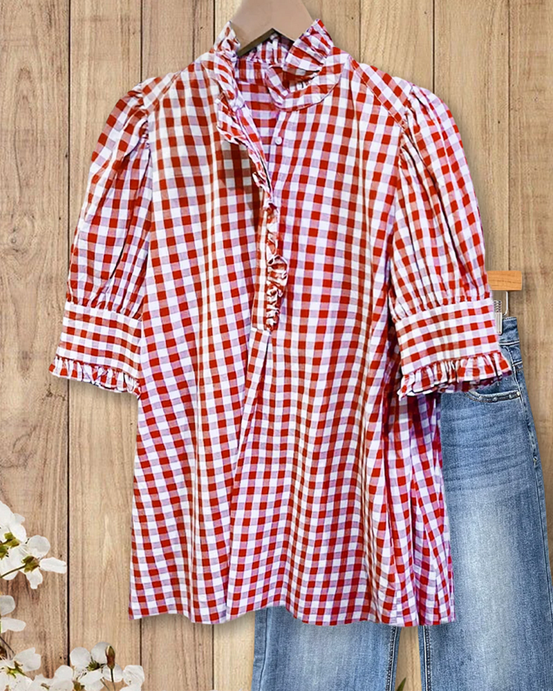 Grid Smart Ruffles Trim Puff Sleeve Blouse(BUY 2 FREE SHIPPING)