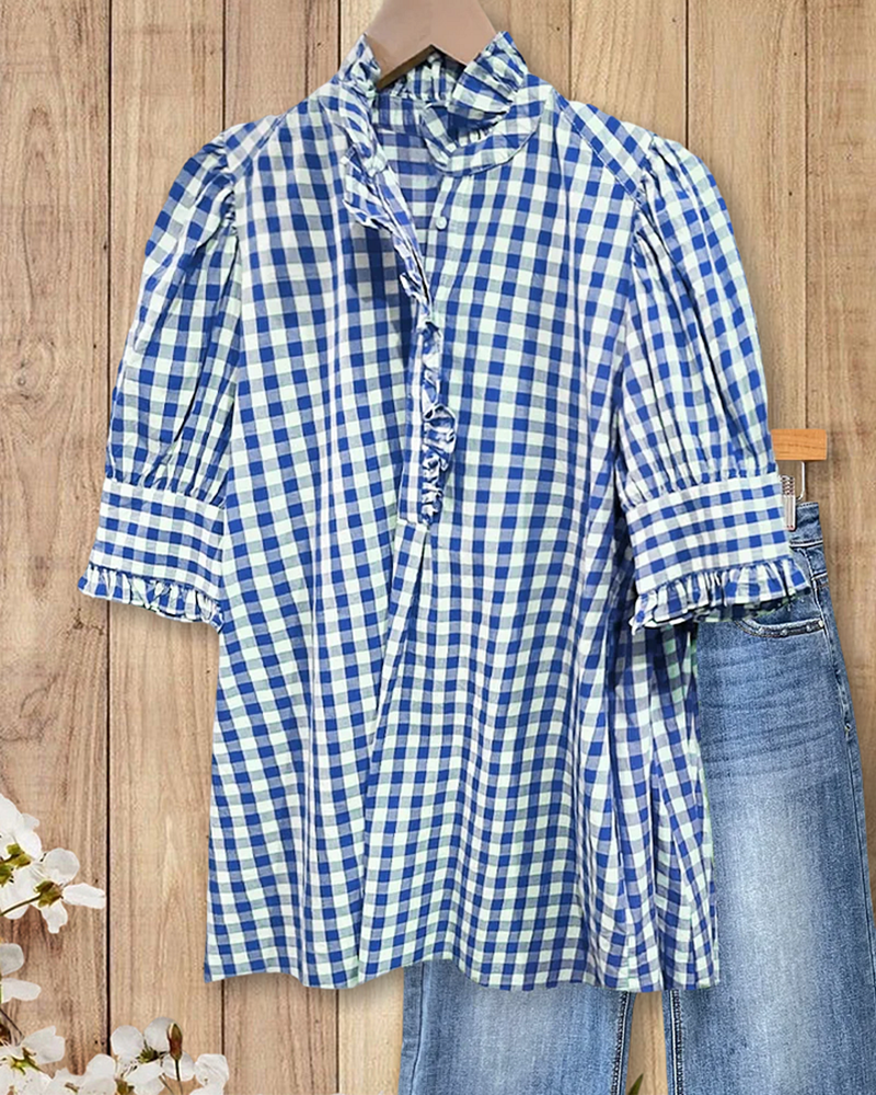 Grid Smart Ruffles Trim Puff Sleeve Blouse(BUY 2 FREE SHIPPING)