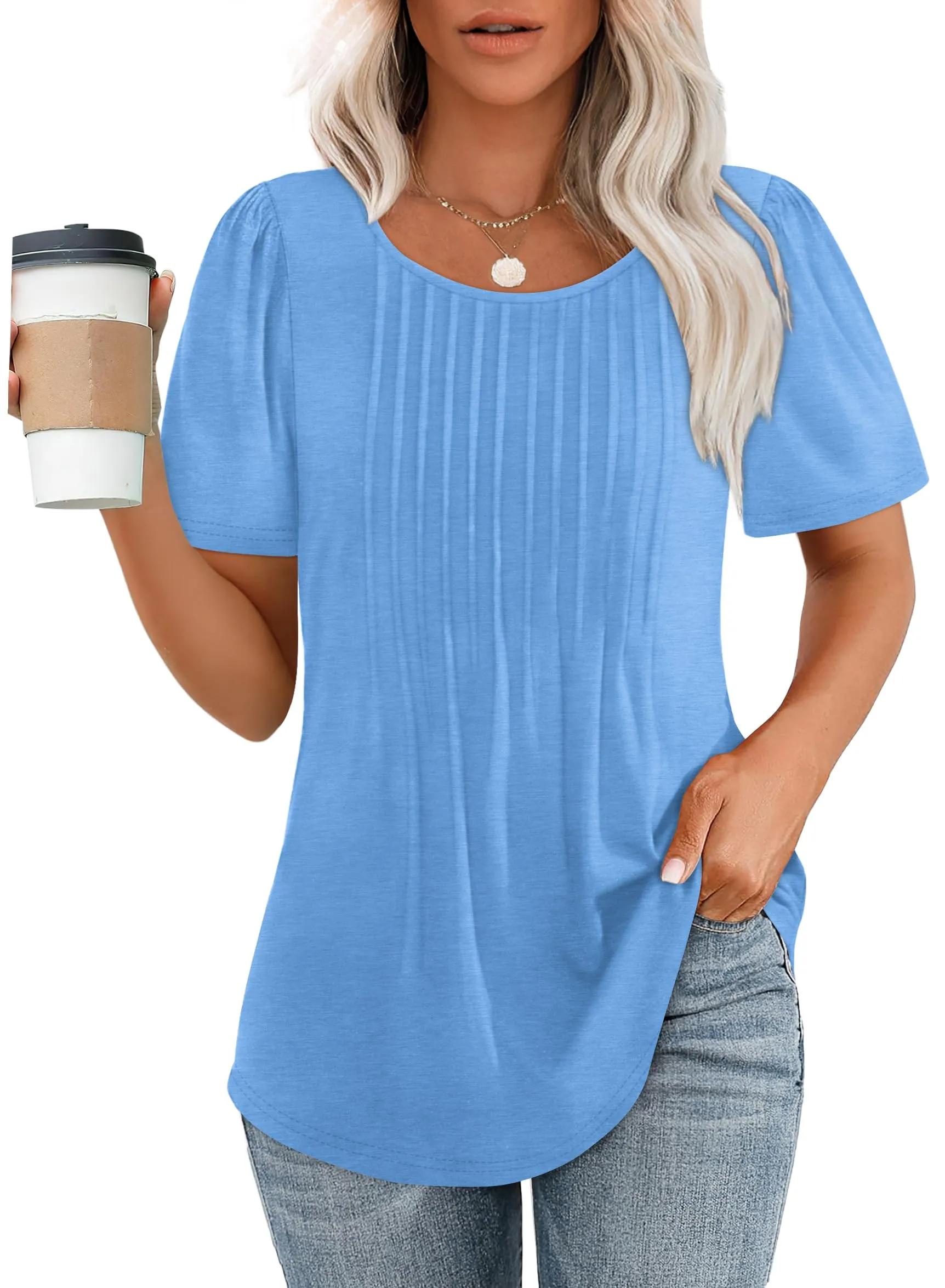 🔥🔥🔥🔥Women's Short Sleeve Pleated Dressy Casual Scooped Neck Tops