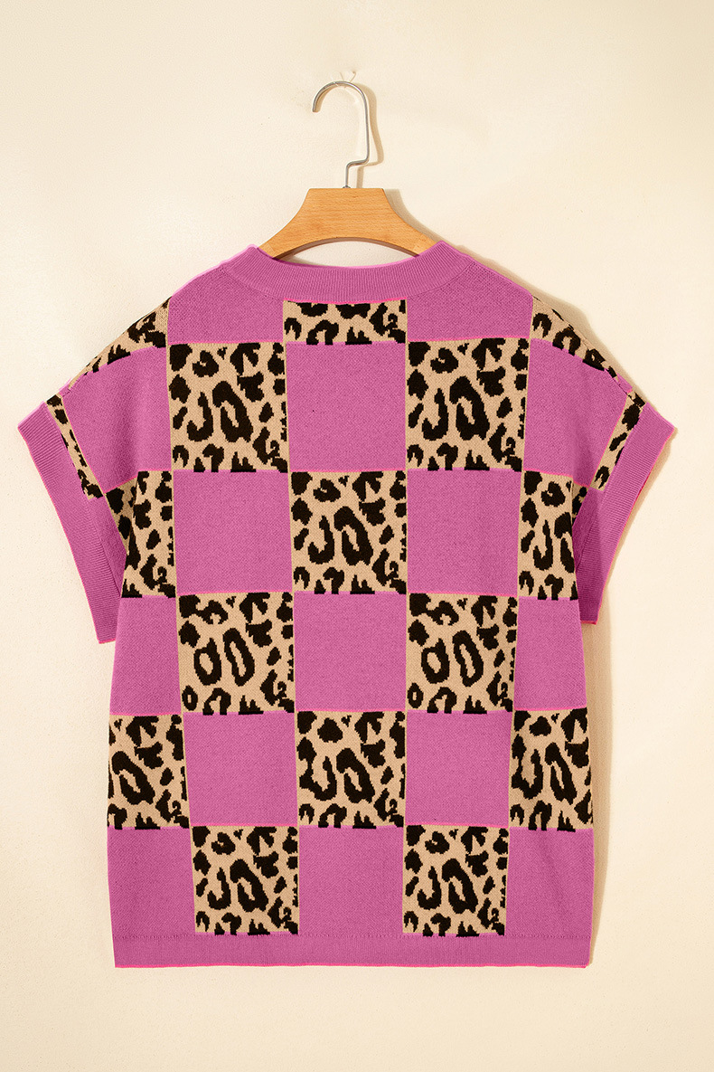 Women's Leopard Print Checkerboard Short-Sleeve Knit Top