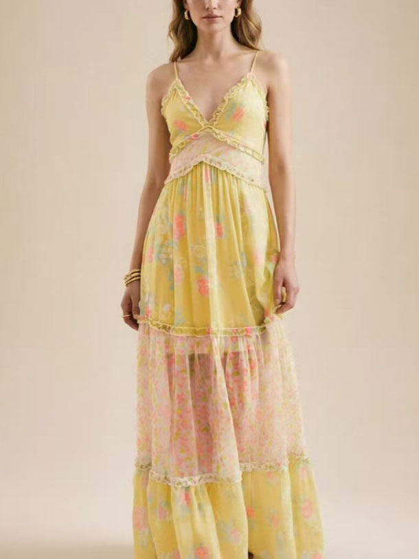 Women's Lace Trim Floral Chiffon Tiered Maxi Dress