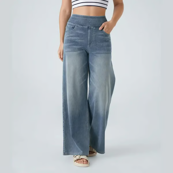 Women's High-Waisted Washed Baggy Wide-Leg Stretchy Knit Jeans with Multiple Pockets (Buy 2 Free Shipping)