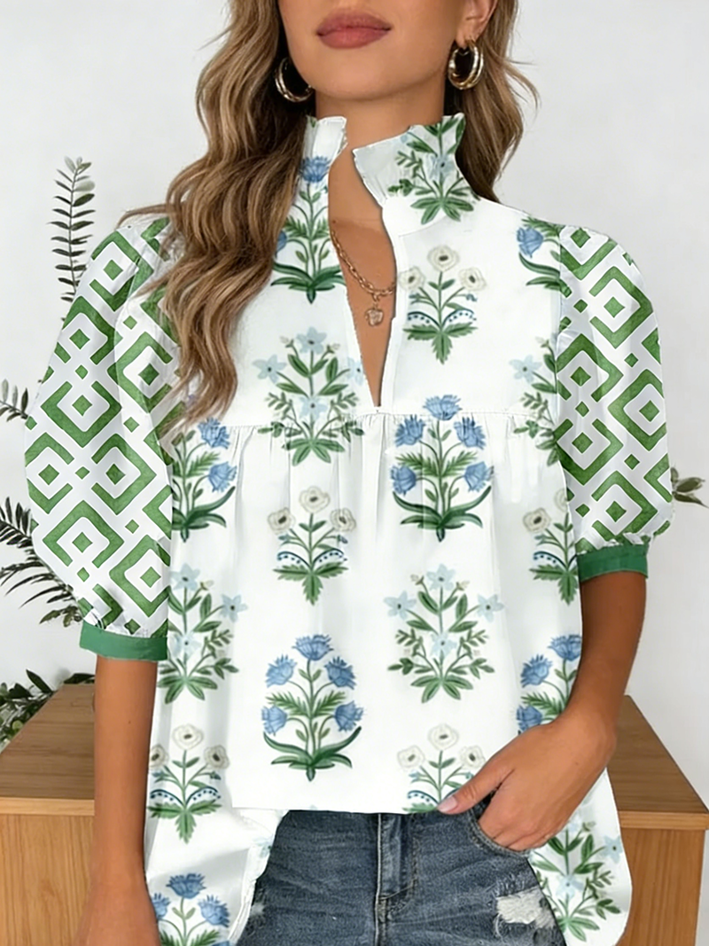 Floral Print V-Neck Geo Puff Sleeve Top