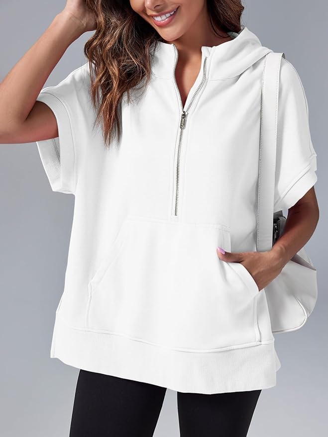 Women's Oversized Casual Half Zip Short Sleeve Pullover Tops with Pockets