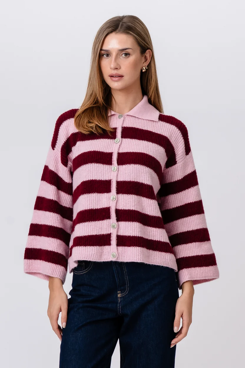 Casual Striped Long Sleeve Button Up Knit Sweater