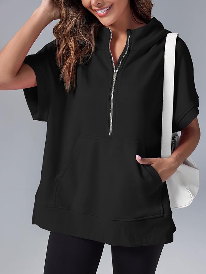 Women's Oversized Casual Half Zip Short Sleeve Pullover Tops with Pockets