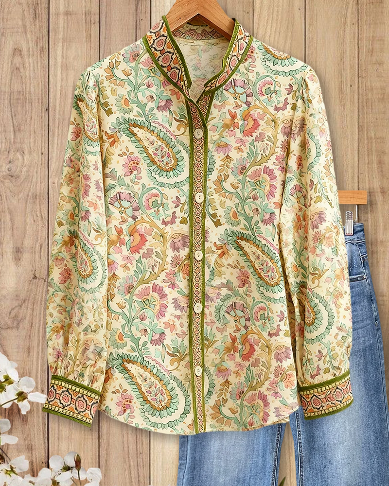 Mixed Floral Print Boho Button Up Blouse(BUY 2 FREE SHIPPING)