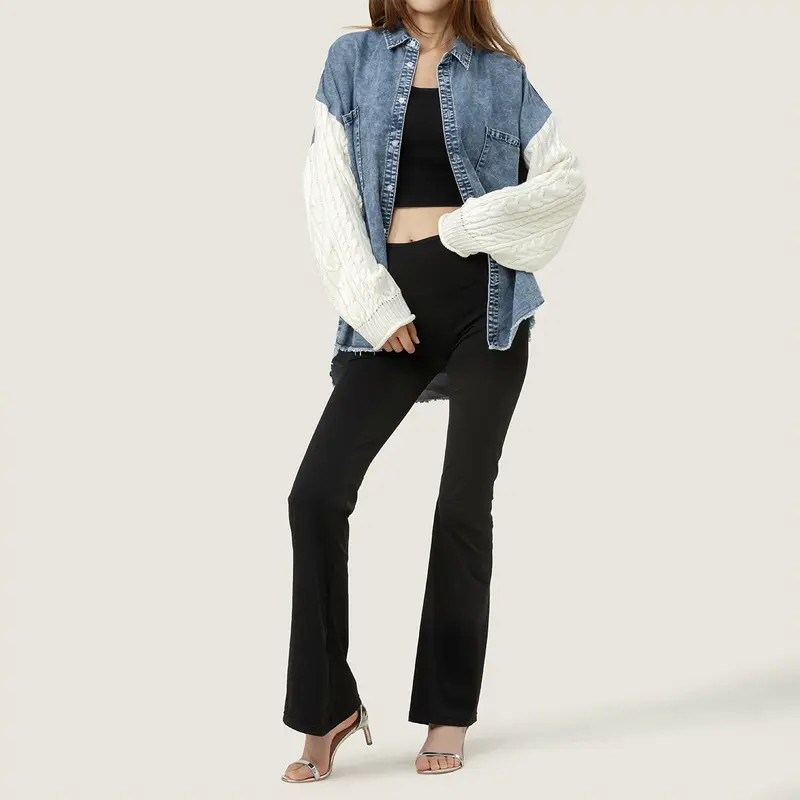 Midiross Essential Cozy Sweater Sleeve Denim Shacket | Buy 2 Get Free Shipping
