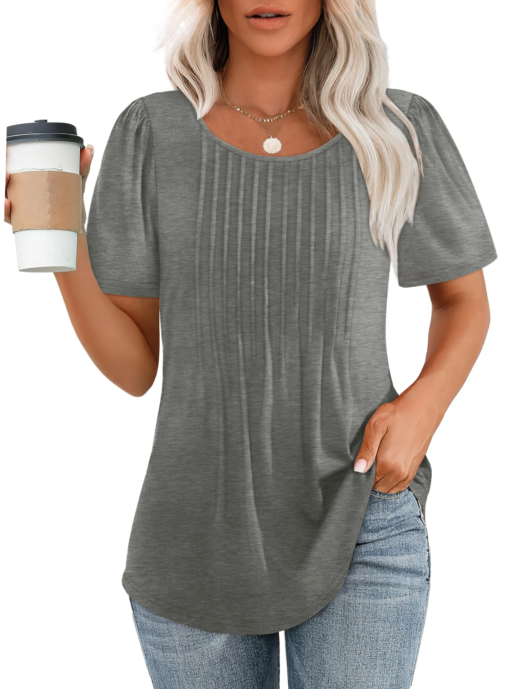 🔥🔥🔥🔥Women's Short Sleeve Pleated Dressy Casual Scooped Neck Tops
