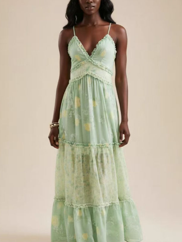 Women's Lace Trim Floral Chiffon Tiered Maxi Dress