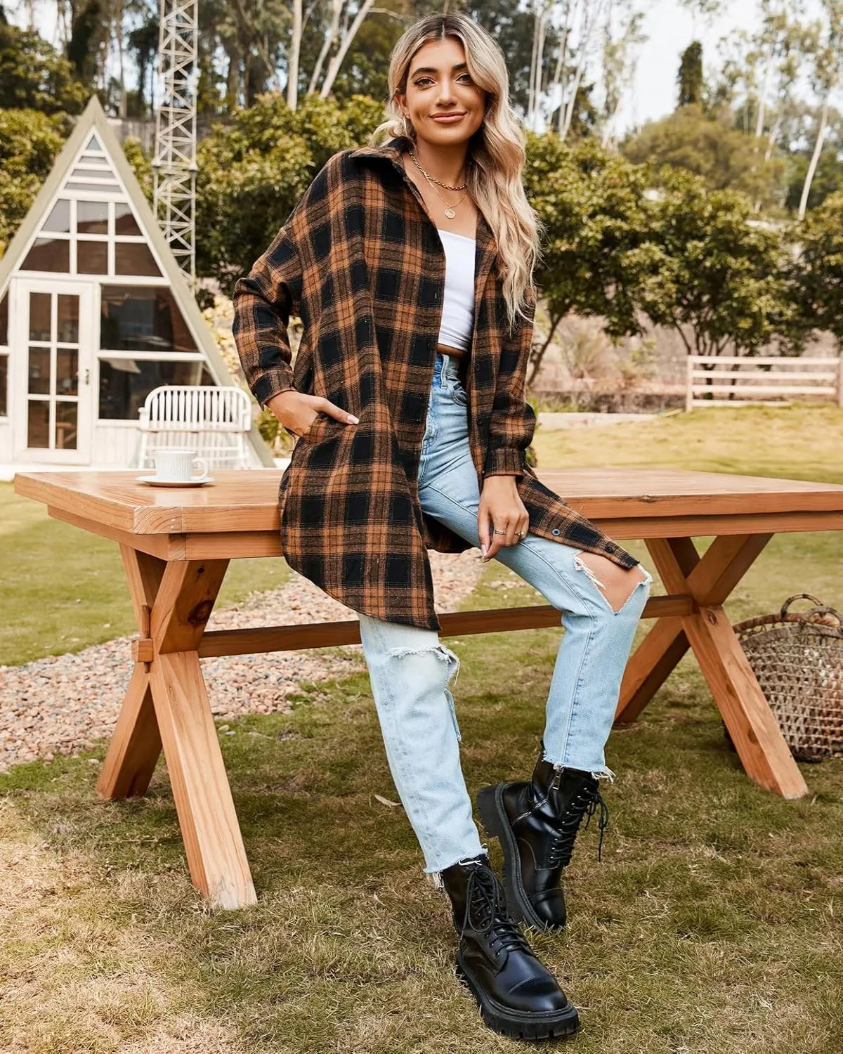🔥🔥🔥🔥Women's Button Down Flannel Shirts Plaid Shacket Collared Long Jacket Coats(Buy 2 Free Shipping)
