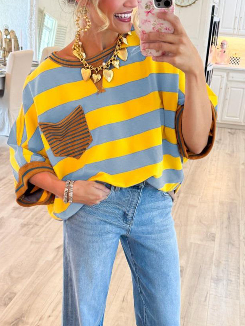 ⏰Hot Sale-Women's T-shirts Striped Drop Shoulder Pocket T-shirt