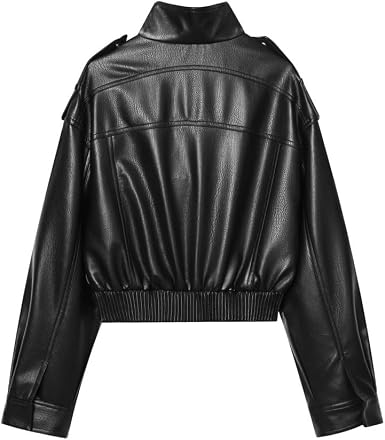 Leather Jacket Women Stand Collar Zip Up Cropped Leather Jacket Women Trendy 2026