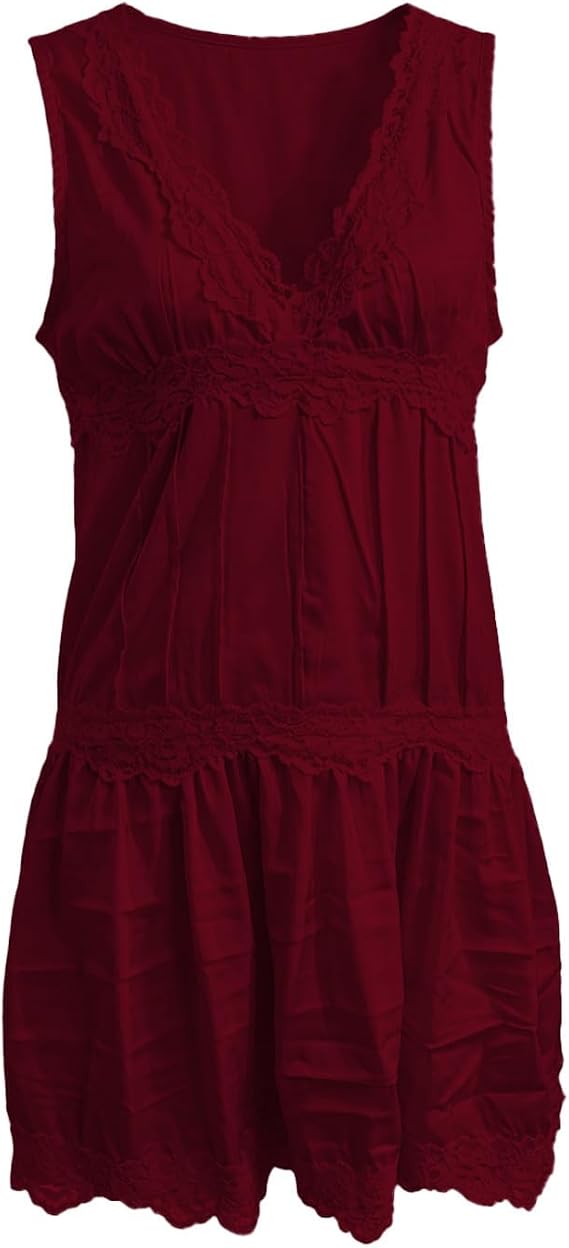 Women’s Tiered Ruffled Satin Lace Slip Mini Dress, Chic Comfortable Home & Daily Casual Dress
