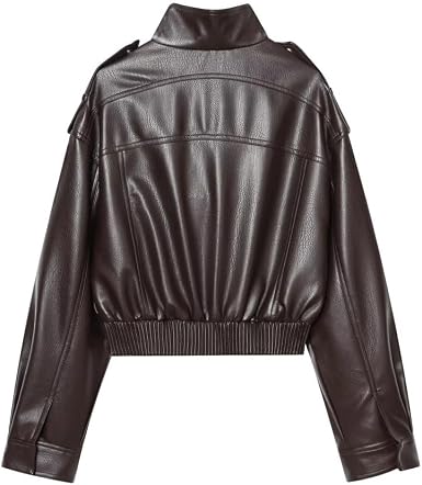 Leather Jacket Women Stand Collar Zip Up Cropped Leather Jacket Women Trendy 2026