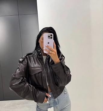 Leather Jacket Women Stand Collar Zip Up Cropped Leather Jacket Women Trendy 2026
