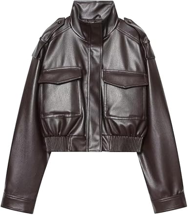 Leather Jacket Women Stand Collar Zip Up Cropped Leather Jacket Women Trendy 2026