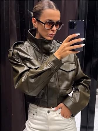 Leather Jacket Women Stand Collar Zip Up Cropped Leather Jacket Women Trendy 2026