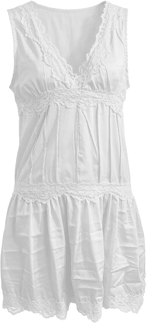 Women’s Tiered Ruffled Satin Lace Slip Mini Dress, Chic Comfortable Home & Daily Casual Dress