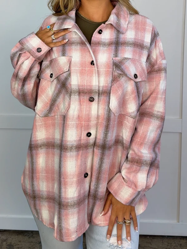 Oversized Plaid Flannel Shacket, Casual Button‑Front Layering Outerwear