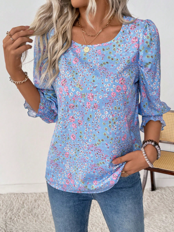 Women's Floral 3/4 Sleeve Round Neck Casual Blouse