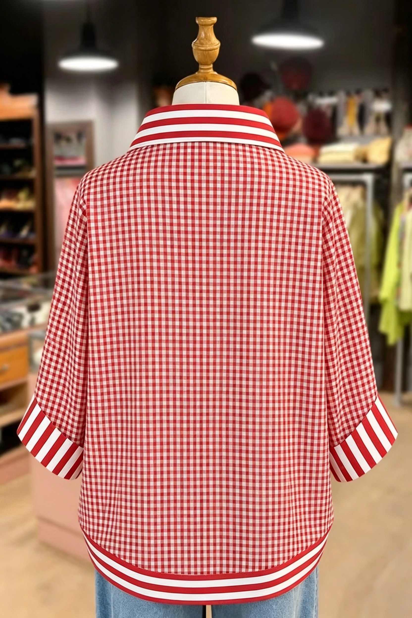 Red Gingham Striped Contrast Collar Cuff Henley Blouse, Casual 3/4 Sleeve V‑Neck Pullover Shirt for Wom