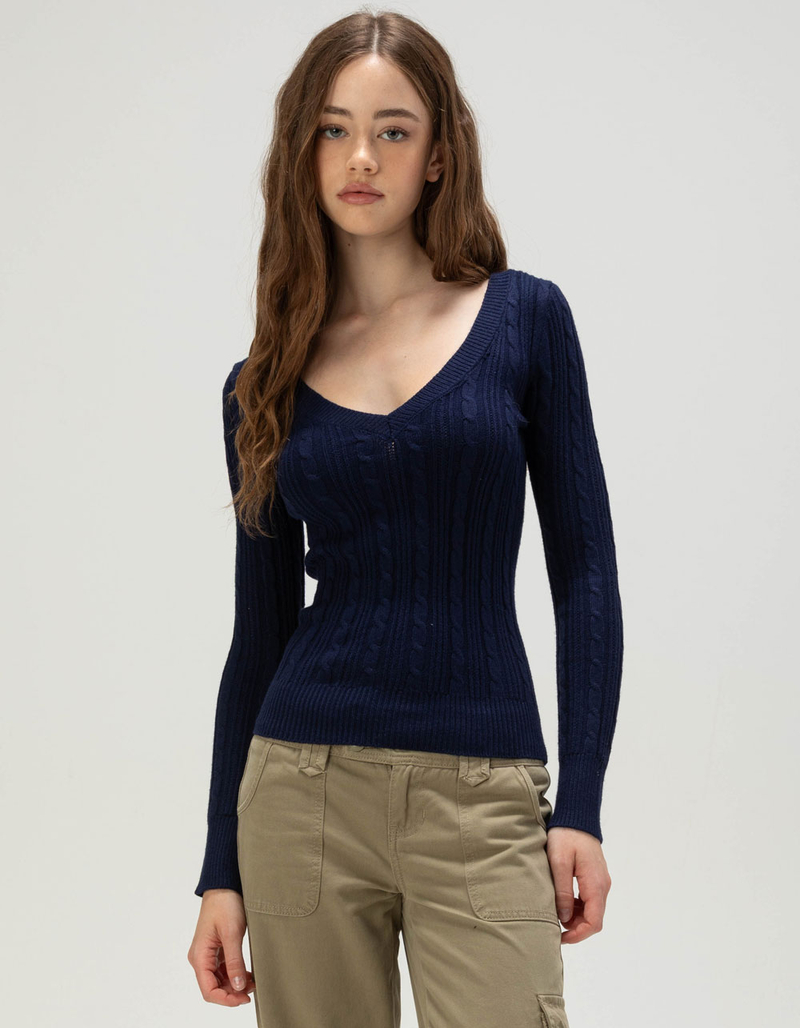 Women's V-Neck Cable Knit Long Sleeve Fitted Sweater