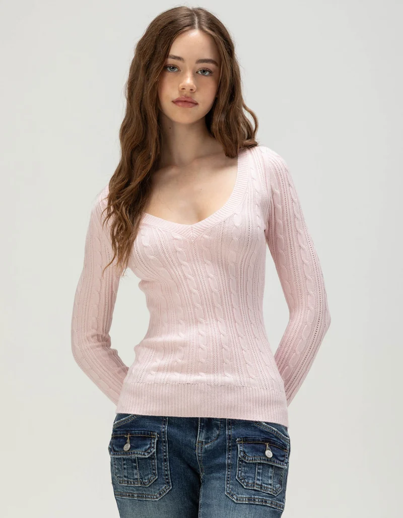 Women's V-Neck Cable Knit Long Sleeve Fitted Sweater