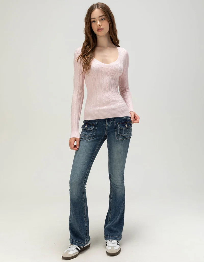 Women's V-Neck Cable Knit Long Sleeve Fitted Sweater