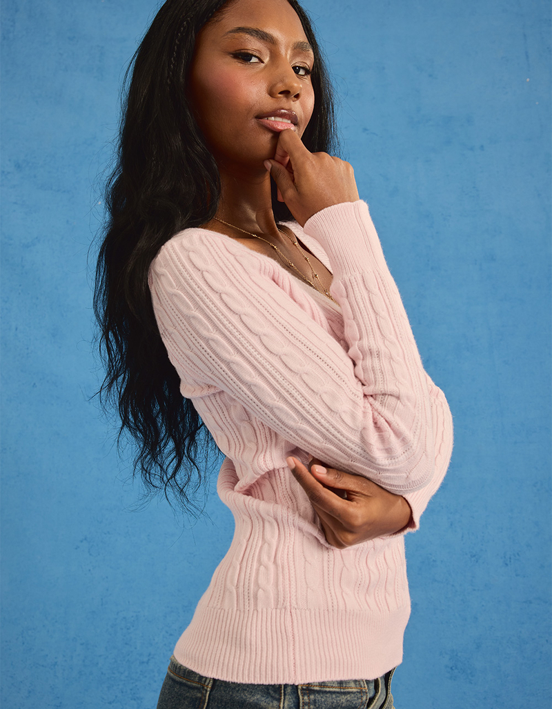 Women's V-Neck Cable Knit Long Sleeve Fitted Sweater