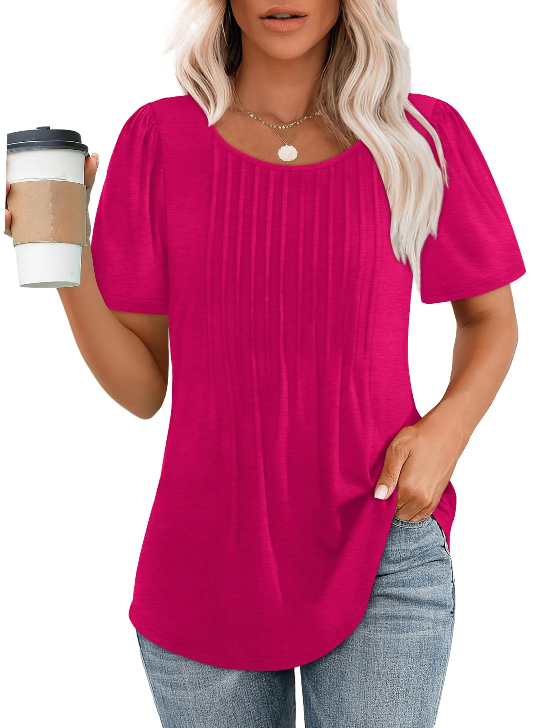 🔥🔥🔥🔥Women's Short Sleeve Pleated Dressy Casual Scooped Neck Tops