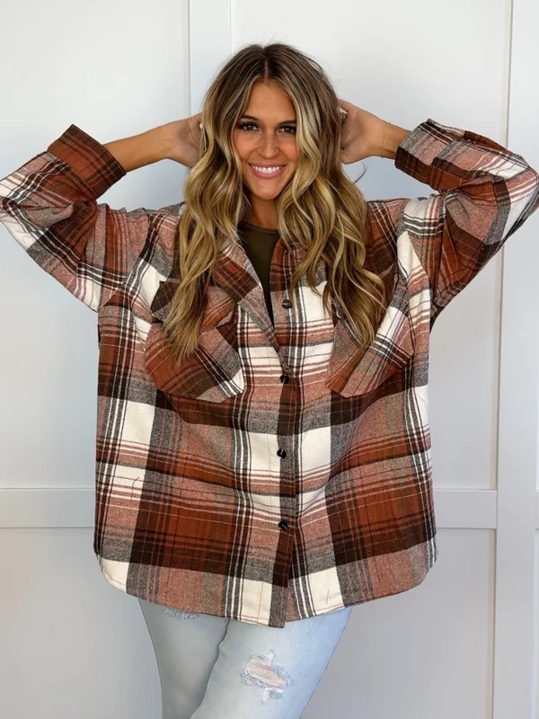 Oversized Plaid Flannel Shacket, Casual Button‑Front Layering Outerwear
