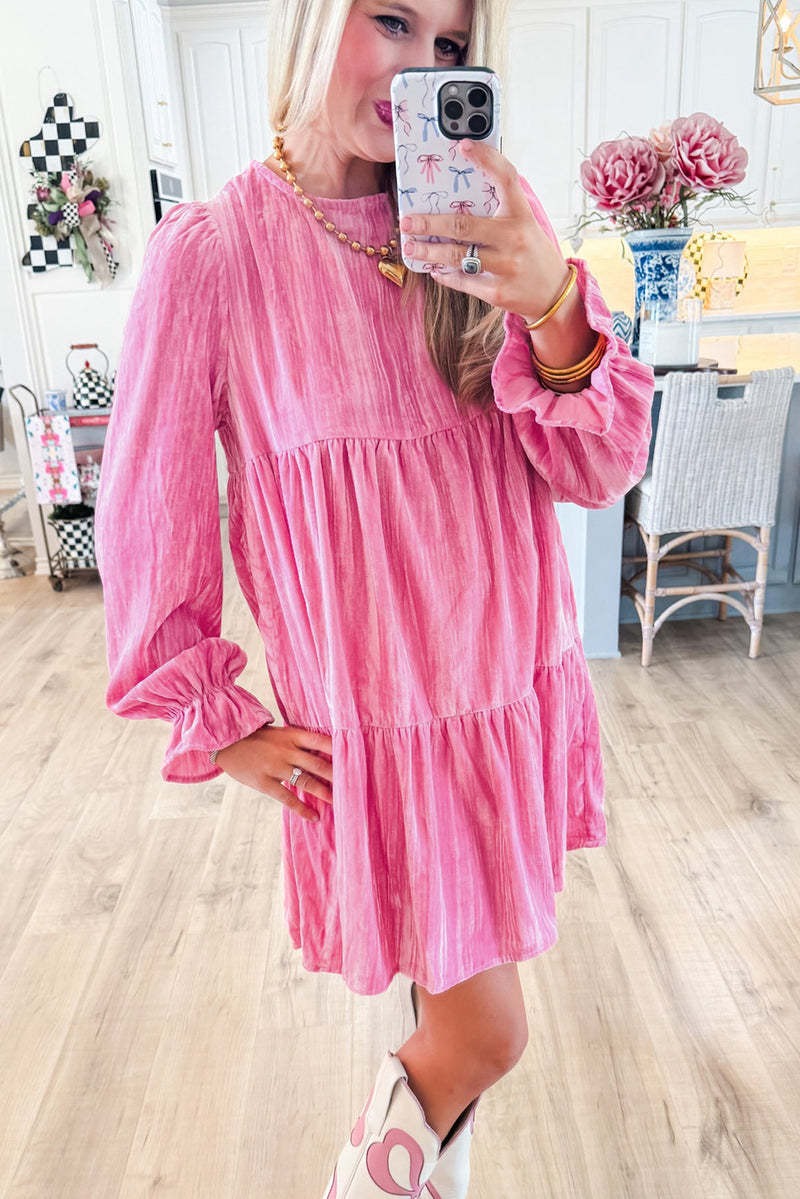 Women's Velvet Dress Gorgeous Pink Luxury Dress with Pockets