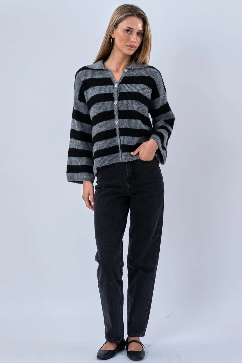 Casual Striped Long Sleeve Button Up Knit Sweater