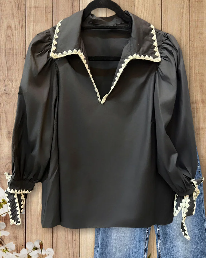 Shell Stitch Trim Hit Color Modern V Neck Blouse(BUY2 FREE SHIPPING)