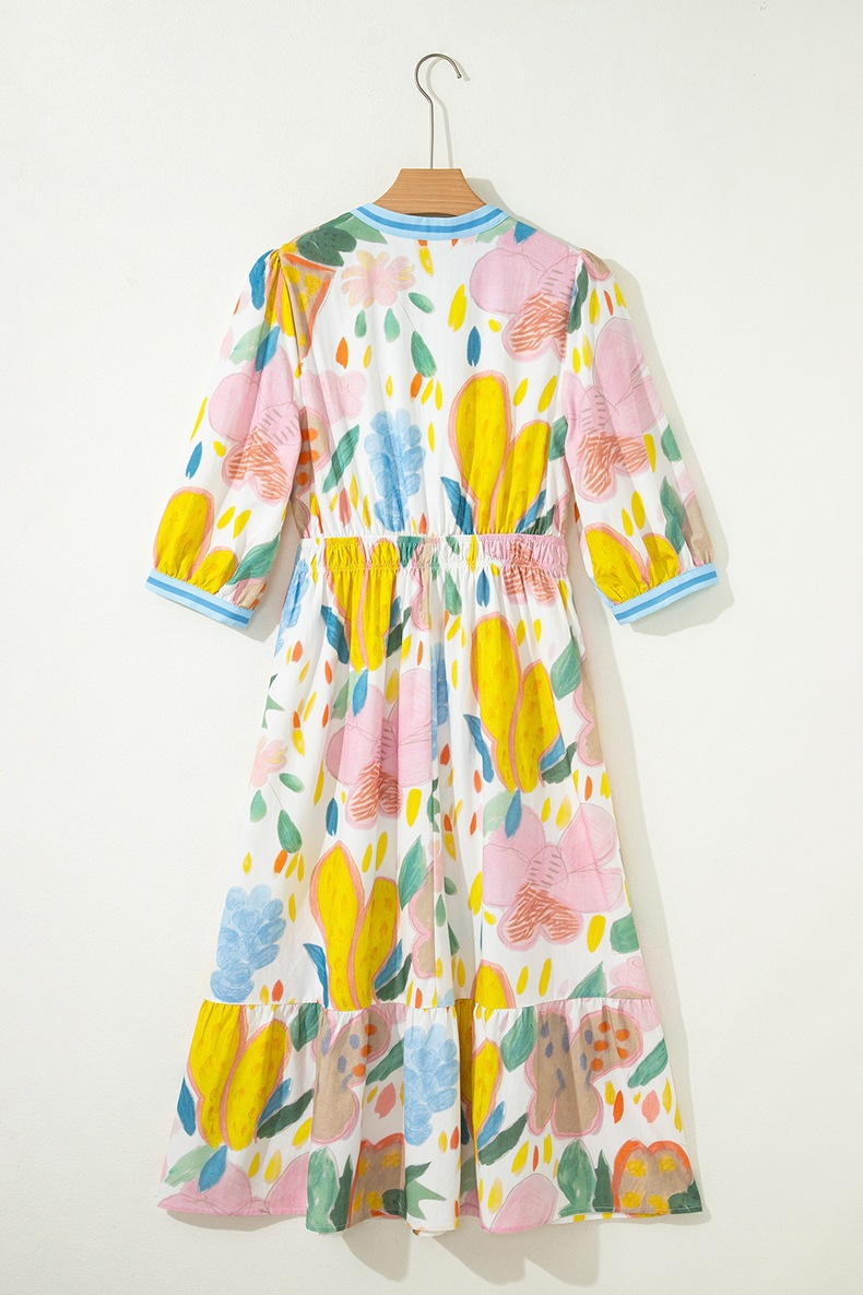 Women's Watercolor Floral Elastic Waist Midi Dress